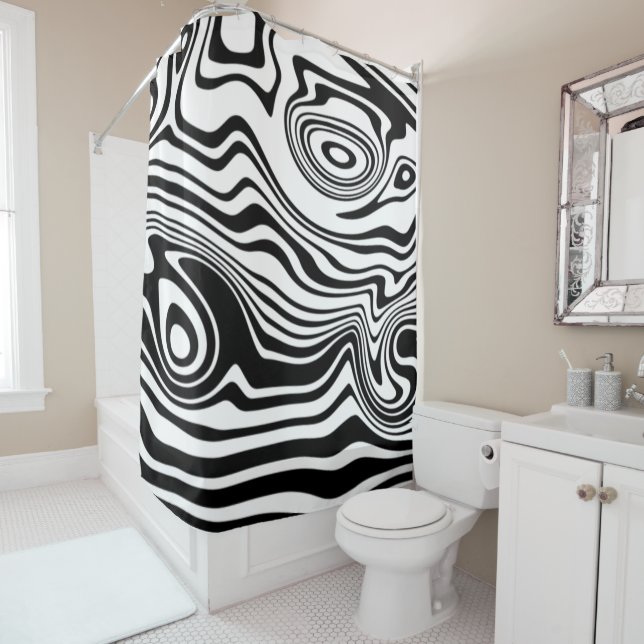 Black and White Wavy Striped Shower Curtain (In Situ)