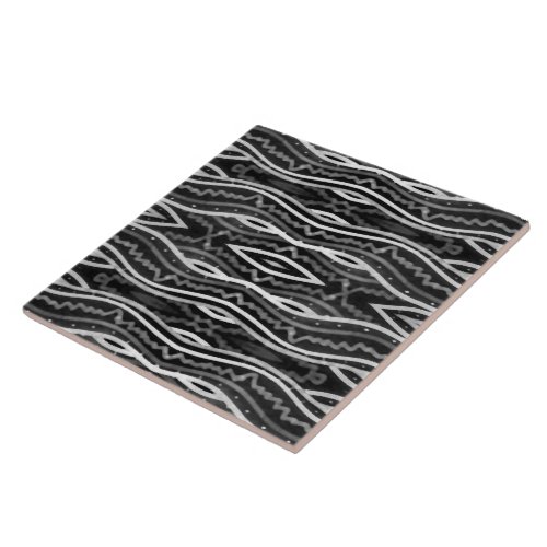 Black and White Wavy Tribal Print Ceramic Tile