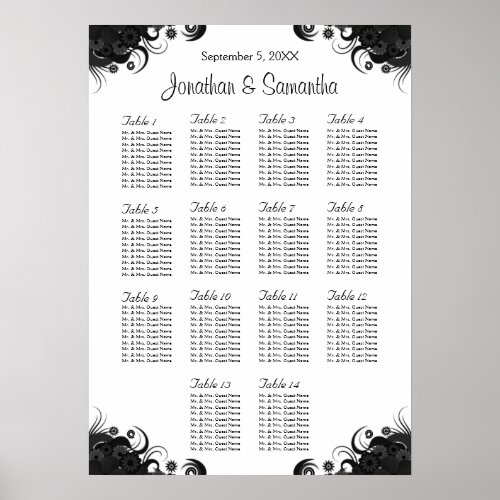 Black and White Wedding 14 Tables Seating Charts