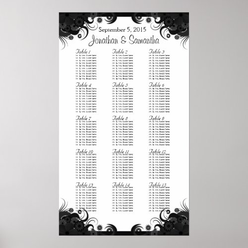 Black and White Wedding 15 Tables Seating Charts