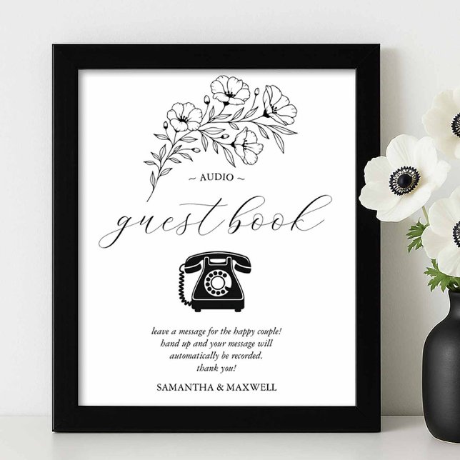 Black and White Wedding Audio Guest Book Sign (Black and white wedding audio guestbook sign with flower line art by Victoria of Do Tell A Belle)