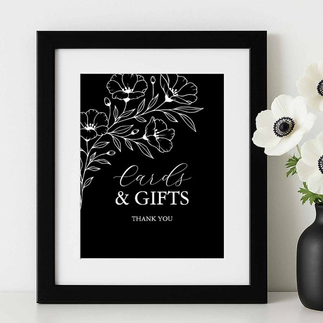 Black and White Wedding Cards and Gifts Poster (black and white wedding signs cards and gifts floral line art Victoria Grigaliunas of Tell A Belle)