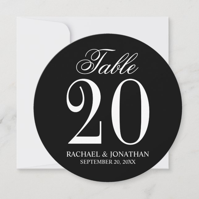 Black and White Wedding Circle Table Number Card (Front)