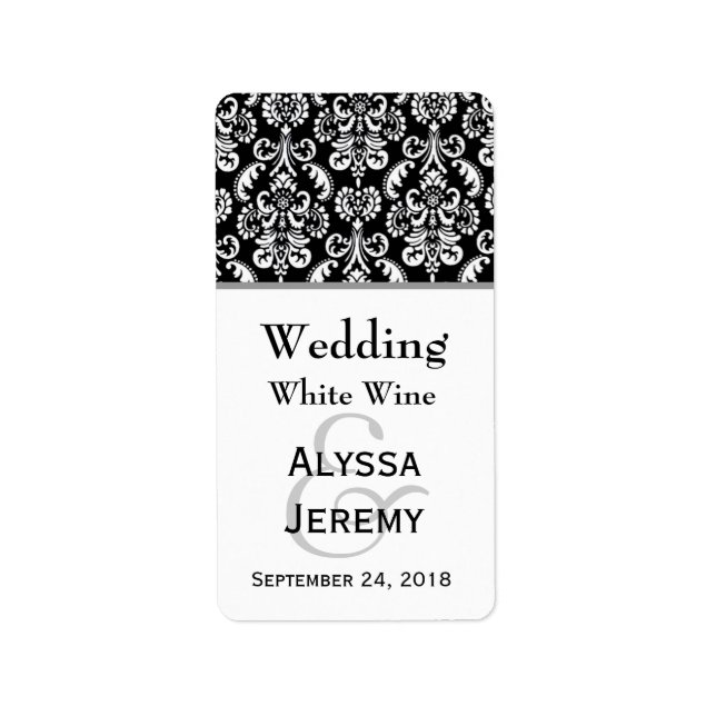 Black and White Wedding Damask Mini Wine Label (Front)