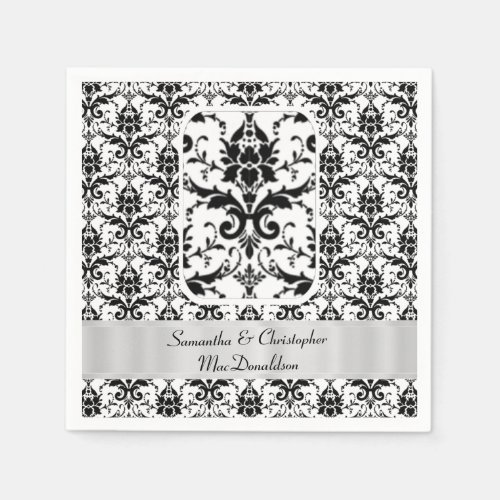 Black and white wedding damask pattern paper napkins