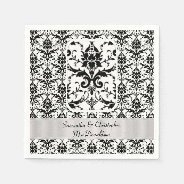 Black and white wedding damask pattern paper napkins (Front)