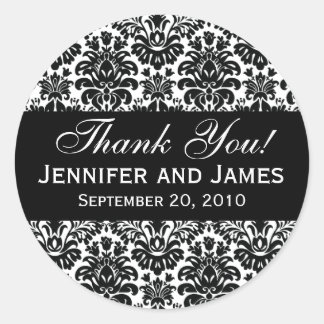 Black and White Wedding Damask Thank You Label