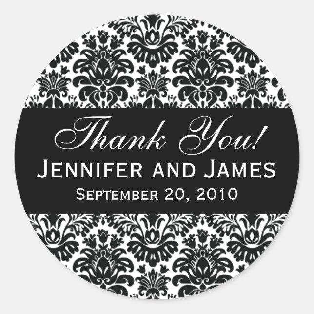 Black and White Wedding Damask Thank You Label (Front)