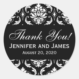 Black and White Wedding Damask Thank You Label