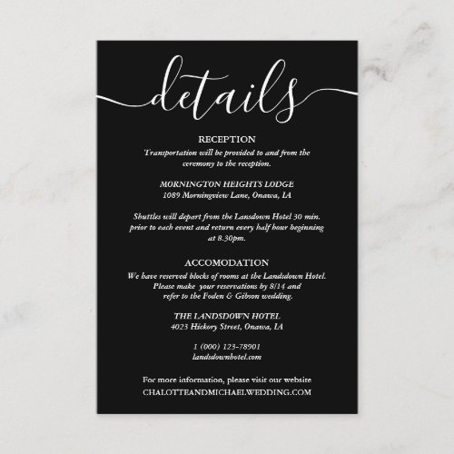 Black And White Wedding Details Information Enclosure Card