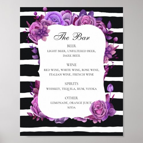 Black and white wedding drinks bar Purple floral Poster