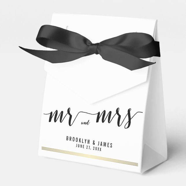 Black And White Wedding Favor Boxes Tent Gold Line (Front Side)