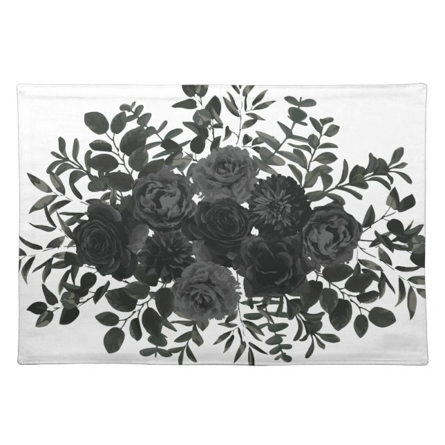 Black and White Wedding Floral Roses Cloth Placemat (Front)