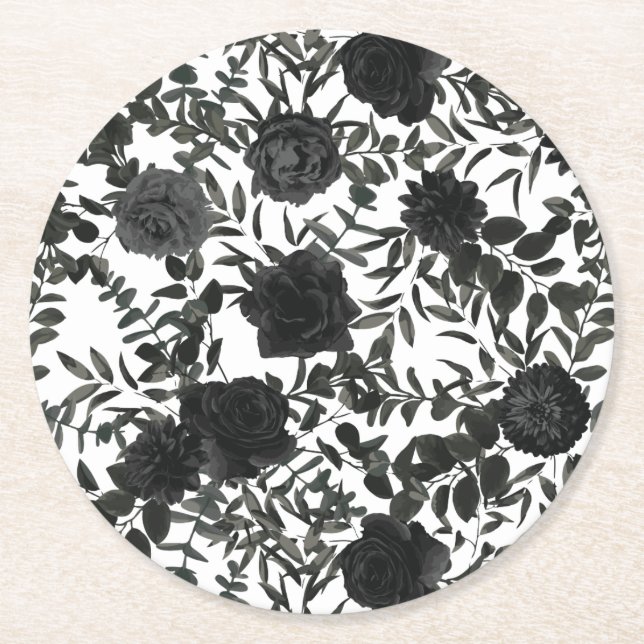 Black and White Wedding Floral Roses Round Paper Coaster (Front)