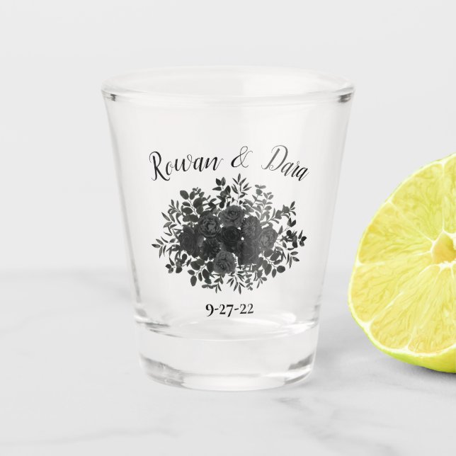 Black and White Wedding Floral Roses Shot Glass (Front)