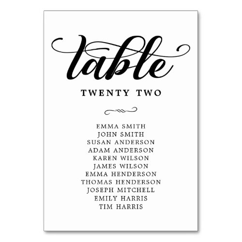 Black And White Wedding Guest Seating Chart Table Number