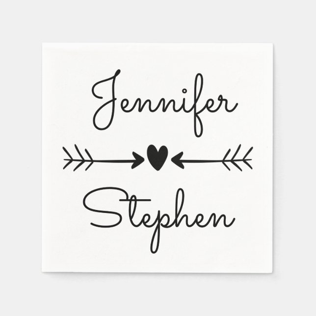 Black And White Wedding Heart & Love Arrows Paper Napkins (Front)