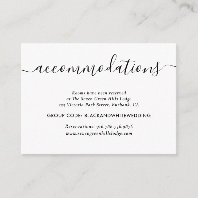 Black and White Wedding Hotel Accommodation Cards (Front)