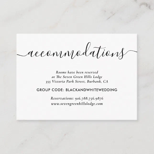 Black and White Wedding Hotel Accommodation Cards | Zazzle