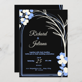 Black and white wedding invitation with blue flowe