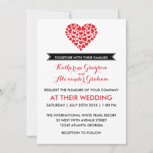 Black and White Wedding Invitation with Red Heart