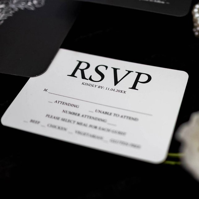 Black and White Wedding Meal Choice RSVP Cards (Black and white wedding invitations features rsvp card by Do Tell A Belle)