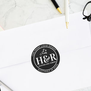 Black And White Wedding Monogram Return Address Classic Round Sticker