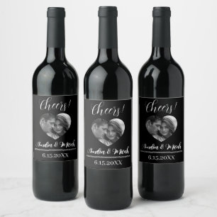 Black and White Wedding Photo Cheers Wine Label