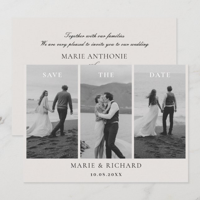 Black and white wedding photo collage minimalist save the date (Front/Back)
