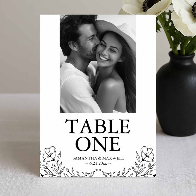 Black and White Wedding Photo Table Number Cards (Black and white wedding photo table number card with line art by Victoria of Do Tell A Belle)