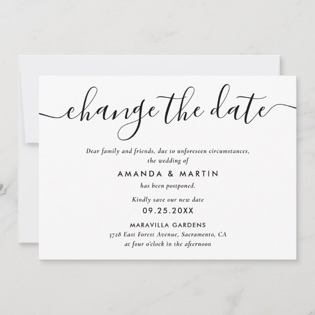 Black and White Wedding Postponement Announcement (Front)