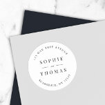 Black and White Wedding Return Address Modern Classic Round Sticker<br><div class="desc">Black and White Wedding Return Address Modern Classic Round Sticker with text in white against an editable background color; to change it from black to a color of your choice, click the customize button. Personalize it by replacing the placeholder text. For more options such as to change the font, it's...</div>