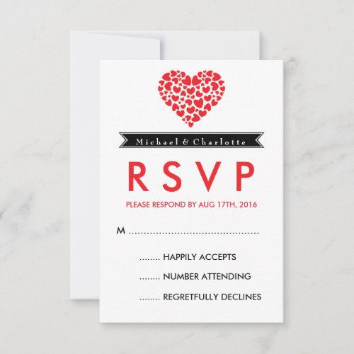 Black and White Wedding RSVP Card with Red Heart