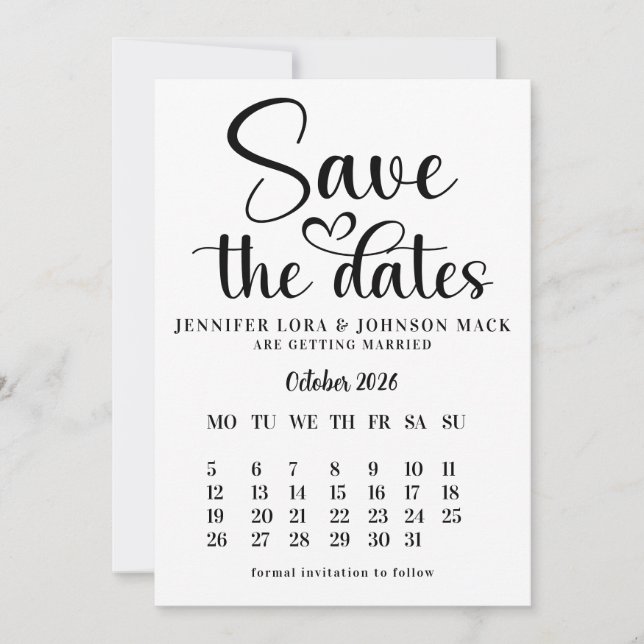 black and white wedding save the dates Calendar  Date (Front)