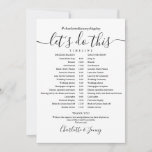 Black And White Wedding Schedule Timeline Card<br><div class="desc">This stylish black and white wedding schedule timeline can be personalized with your wedding details in chic lettering. Designed by Thisisnotme©</div>