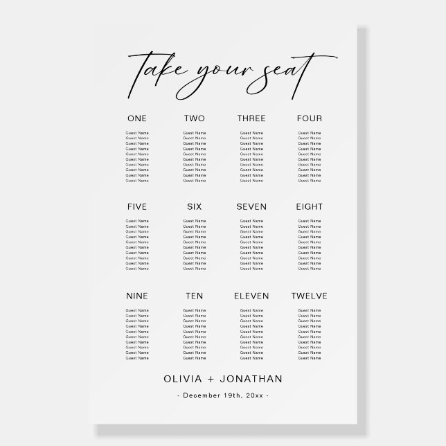 Black and White Wedding Seating Chart 12 Tables  Foam Board (Front)