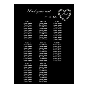 Black and White Wedding Seating Chart 8 Tables