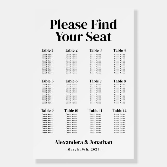 Black and white Wedding Seating Chart Foam Board (Front)