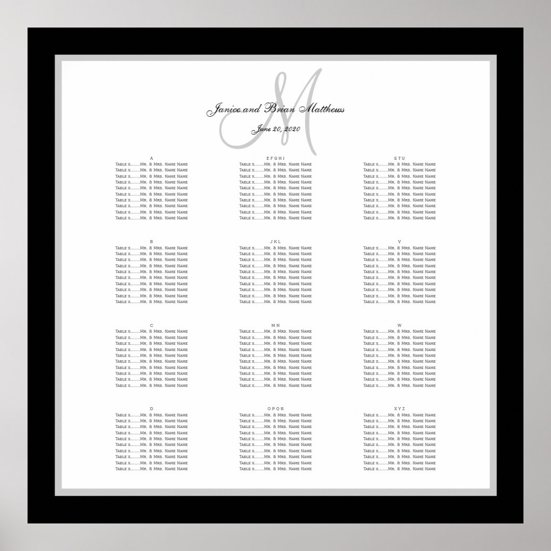 Black and White Wedding Seating Chart for 240 | Zazzle