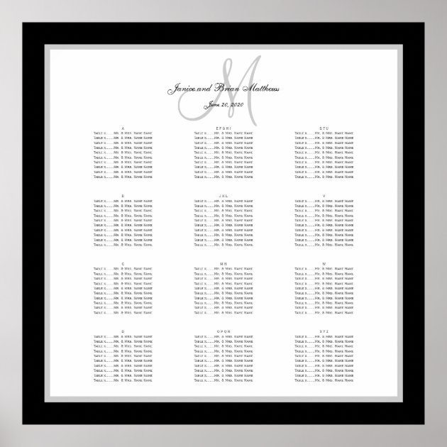 Black And White Wedding Seating Chart For 240 Poster