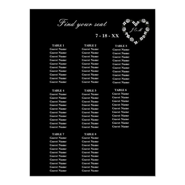 Black and White Wedding Seating Chart for 8 Tables (Front)