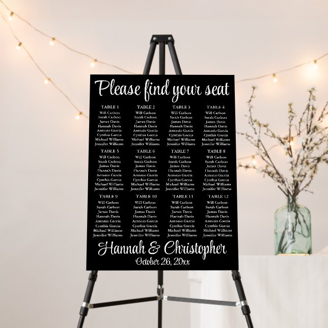 Black and White Wedding Seating Chart Modern Plan Foam Board (In Situ (Stand))
