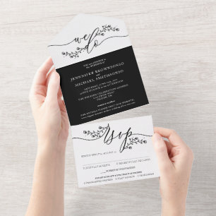 Black and White Wedding Simple Flower Bouquet All In One Invitation
