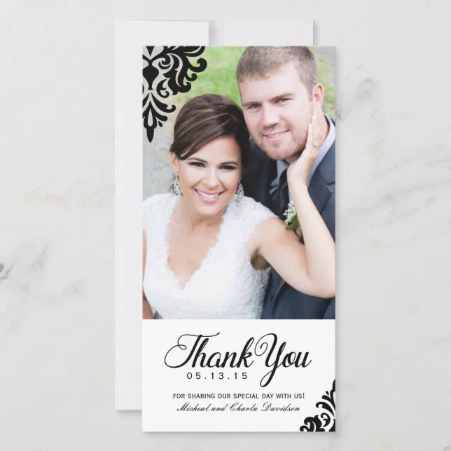 Black and White Wedding Thank You Photo Card (4x8) | Zazzle