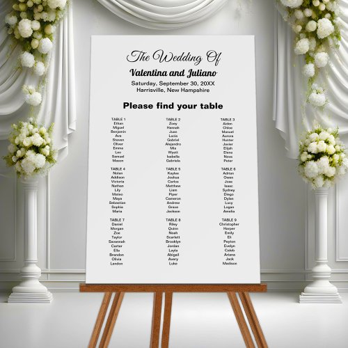 Black and White Wedding Theme Seating Chart on Foam Board