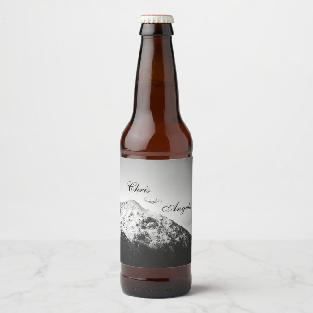 Black and white wedding under the mountains beer bottle label (Front)