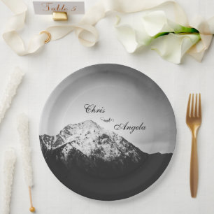 Black and white wedding under the mountains paper plates