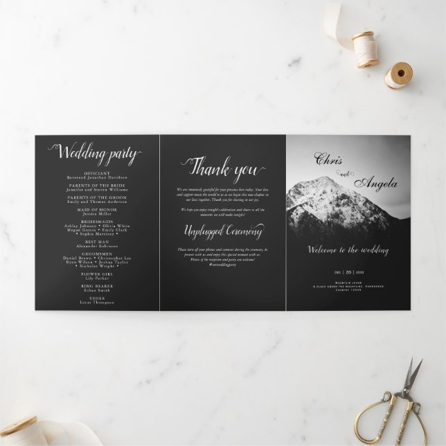 Black and white wedding under the mountains Tri-Fold program (Outside)