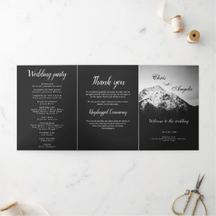 Black and white wedding under the mountains Tri-Fold program