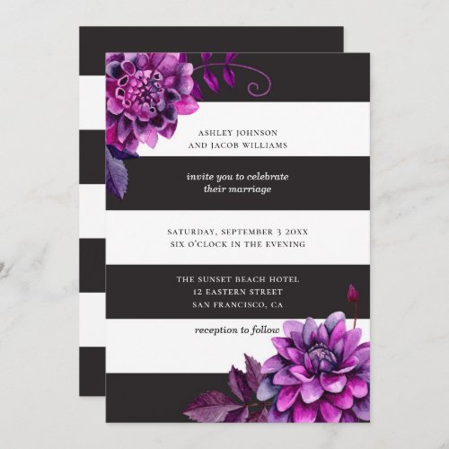 Black and white wedding Watercolor purple floral Invitation